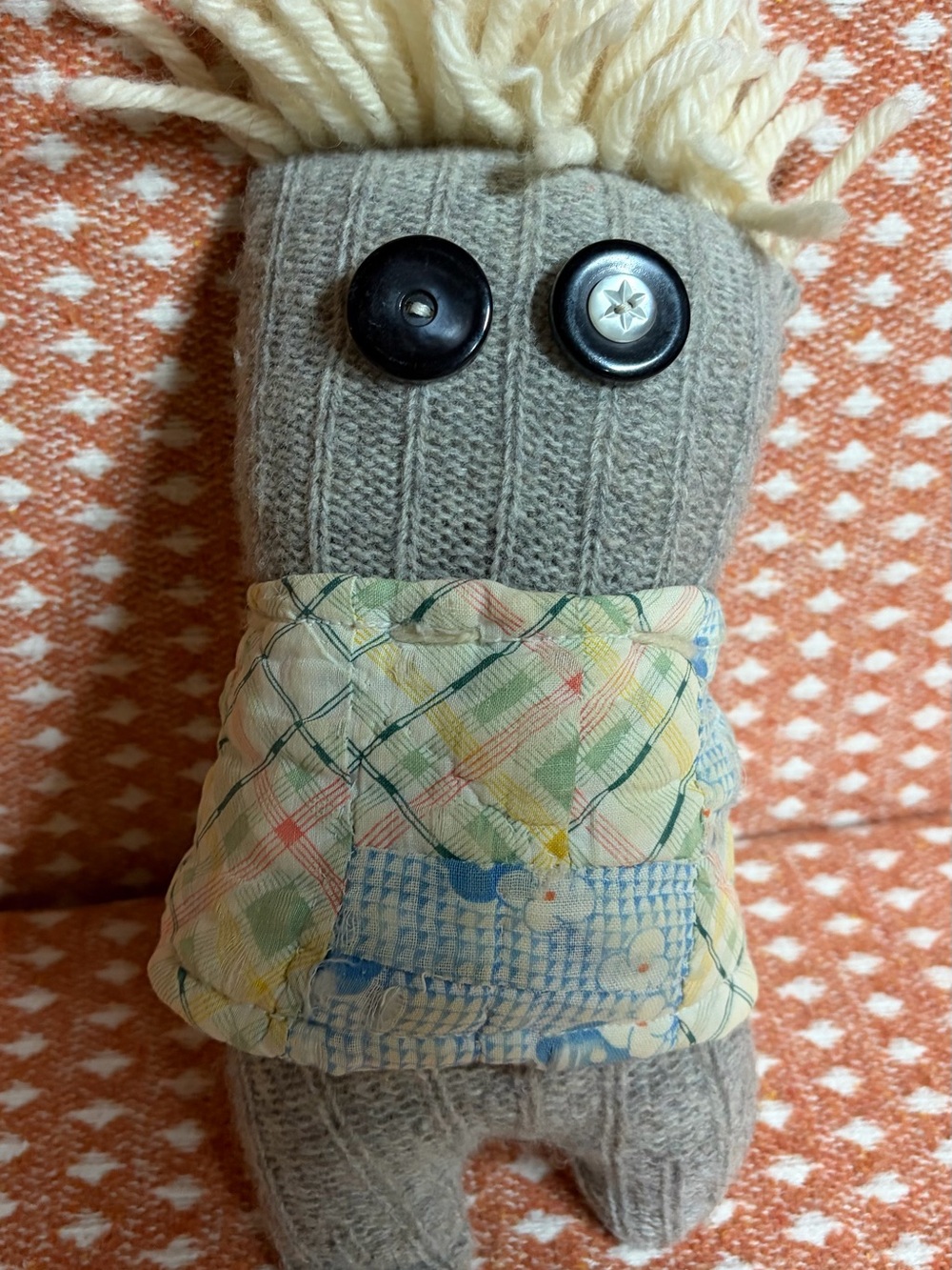 Handmade Gray Knit Plush Doll with Pastel Patchwork Shirt Cottagecore Monster